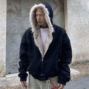 现货高品质美式高街冬季重磅硬挺短款座山雕毛领棉衣男女加厚外套图片