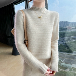 2025七针横纹半高领针织衫简约百搭,女装针织衫/毛衣,美轩羊绒