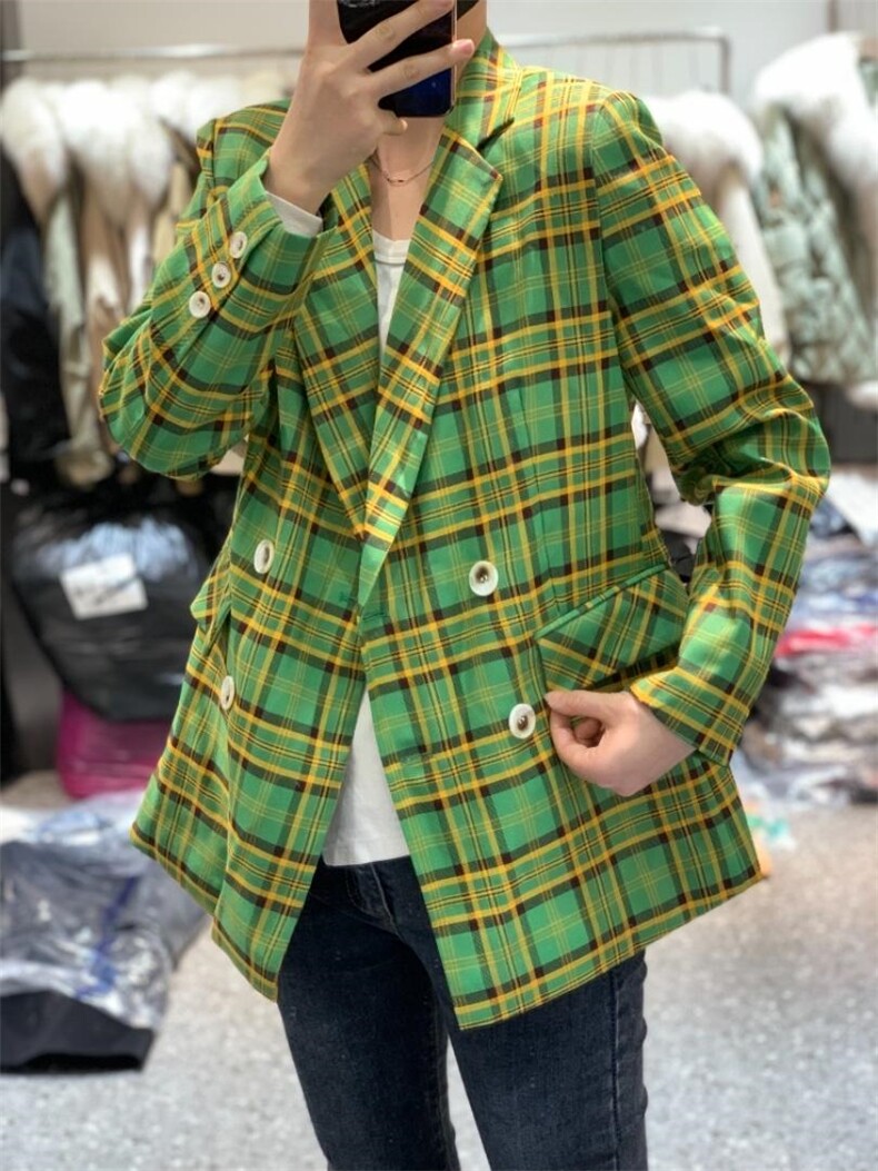 春季新款韩版设计感小众宽松复古格子西装外套,女装西装,L·H·X