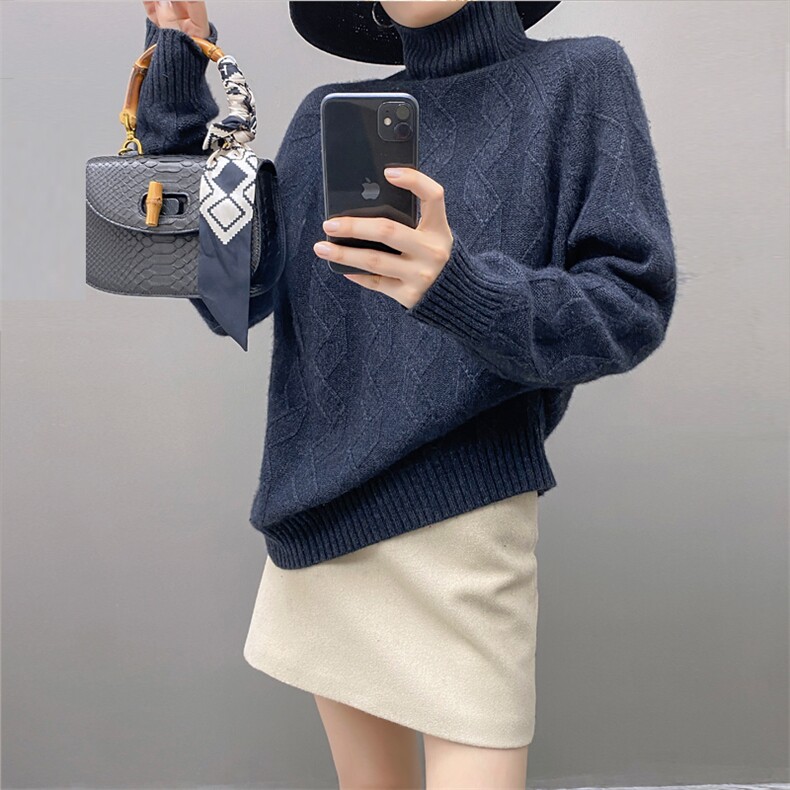 2024新款毛衣女式高领纯色韩版加厚长袖宽松套头羊绒打底衫上衣女,女装羊绒衫,织绒羊