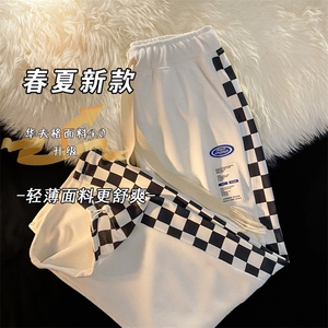 2025春夏季棋盘格直筒卫裤男华夫格休闲束脚阔腿裤长裤 K1036-P25图片