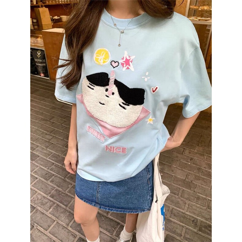 H0620-P35毛巾绣宽松T恤2026新款小猫蛋糕短袖女,女装T恤,星座617A-2