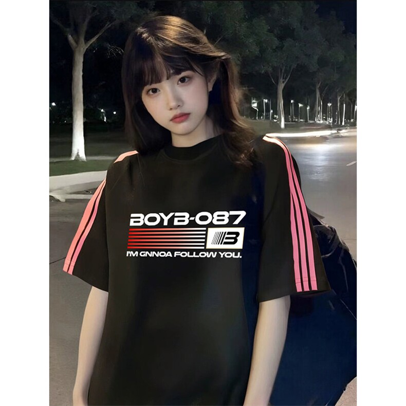 抖音得物品质二开240克宽松纯棉美式潮牌印花三条杠中性风短袖T恤,男装T恤,电商A486