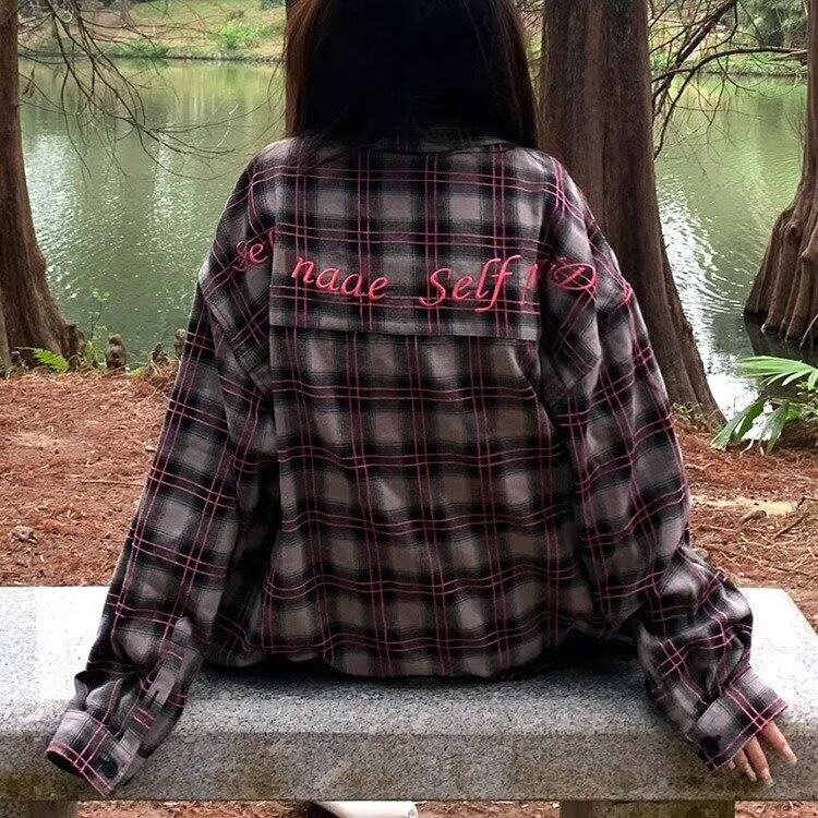 美式高街格纹衬衫男女2025春季新款字母印花情侣长袖衬衣宽松上衣,女装衬衫,星座506A