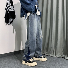 秋季水洗拼接牛仔裤美式复古破洞宽松直筒微喇叭裤男K5377-P40，男装牛仔裤，星座512-2
