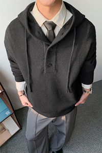 浅灰色美式连帽毛衣男款秋冬季慵懒高级感针织衫cleanfit情侣外套图片