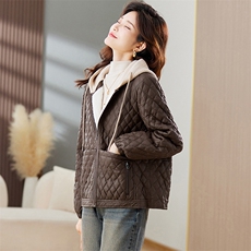 现货皮衣外套女连帽加绒派克服2023秋冬新款加厚压格内里短款上衣，女装棉衣/棉服，江南女神