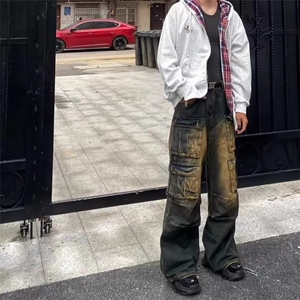 美式直筒阔腿直筒做旧牛仔裤男水洗宽松ing裤子高街秋季休闲裤图片