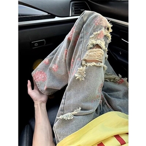 美式高街花卉破洞牛仔裤男款夏季痞帅高级感裤子vibe满印 NK1131图片
