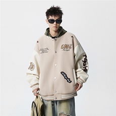 美式复古编织贴布夹克男秋季潮情侣棒球服潮牌拼接撞色外套，男装夹克，星座715-4