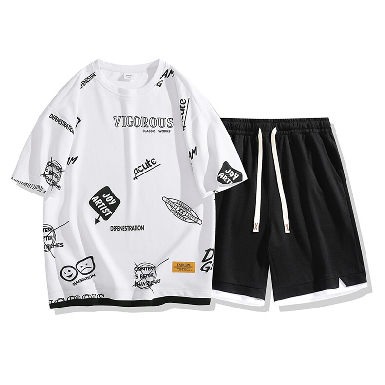 夏季运动套装日系白底休闲百搭时尚短套装CK2410+TC3156-P54控89,男装休闲套装,星座717