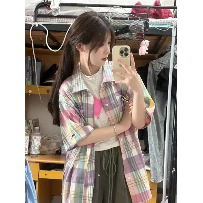 美式彩虹色格子半袖衬衫女宽松百搭多巴胺穿搭情侣短袖潮,男装衬衫,星座506A