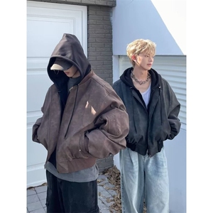 MRNEARLY美式假两件夹克棉服冬季外套男春秋款慵懒风宽松连帽棉衣,最流行的男士冬季穿衣搭配图片大全图片