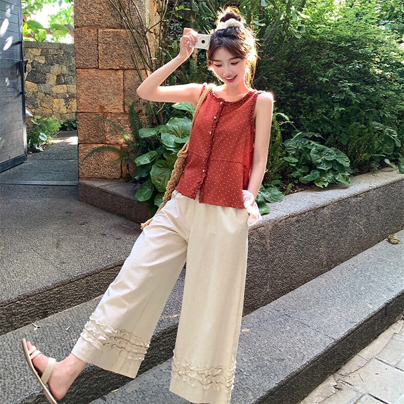 浪漫氛围感减龄复古波点上衣套装女2025夏新款木耳边阔腿裤两件套,女装套装/套裙,浙宝220