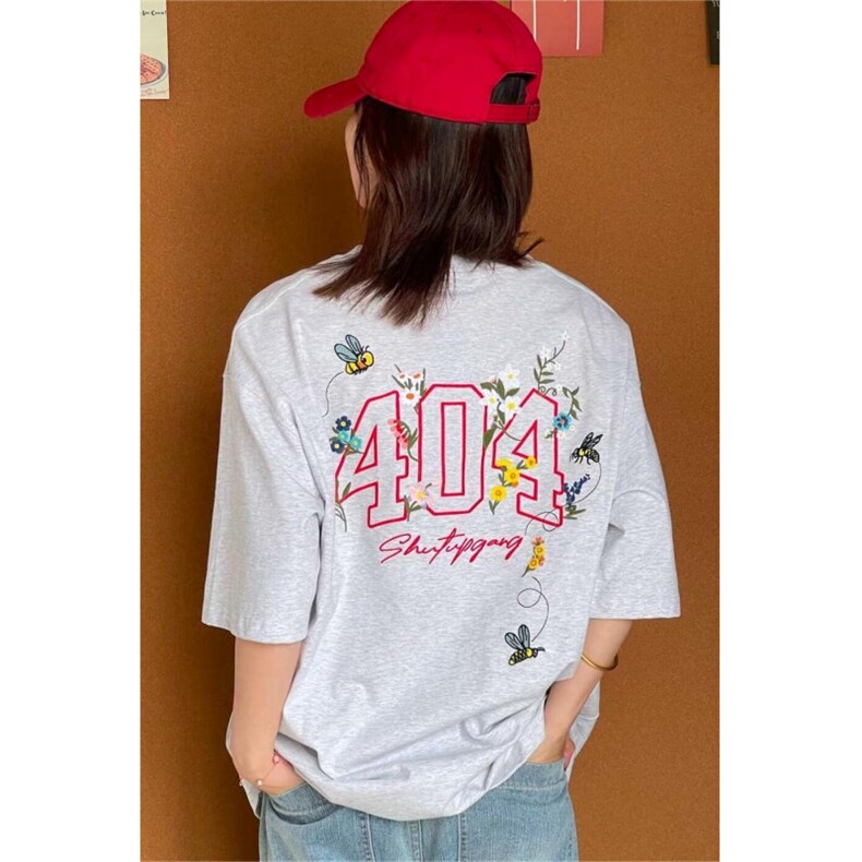 全幅蜜蜂花卉刺绣短袖T恤男女美式潮牌夏季宽松凉感休闲半袖上衣,男装T恤,星座1210-1