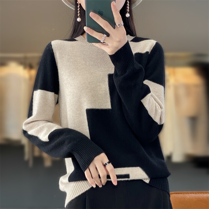 拼接撞色羊毛衫女2024秋冬新款宽松显瘦圆领套头,女装羊毛衫,鹿一羊绒