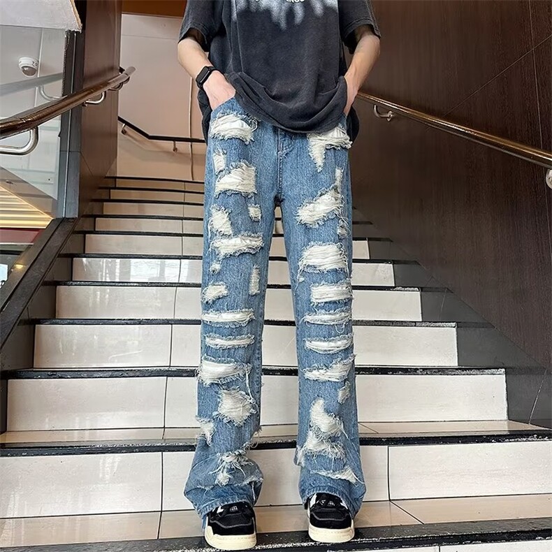 美式vibe牛仔裤男破洞乞丐裤子高街潮牌hiphop老爹裤RK546-P51,男装牛仔裤,星座412-2