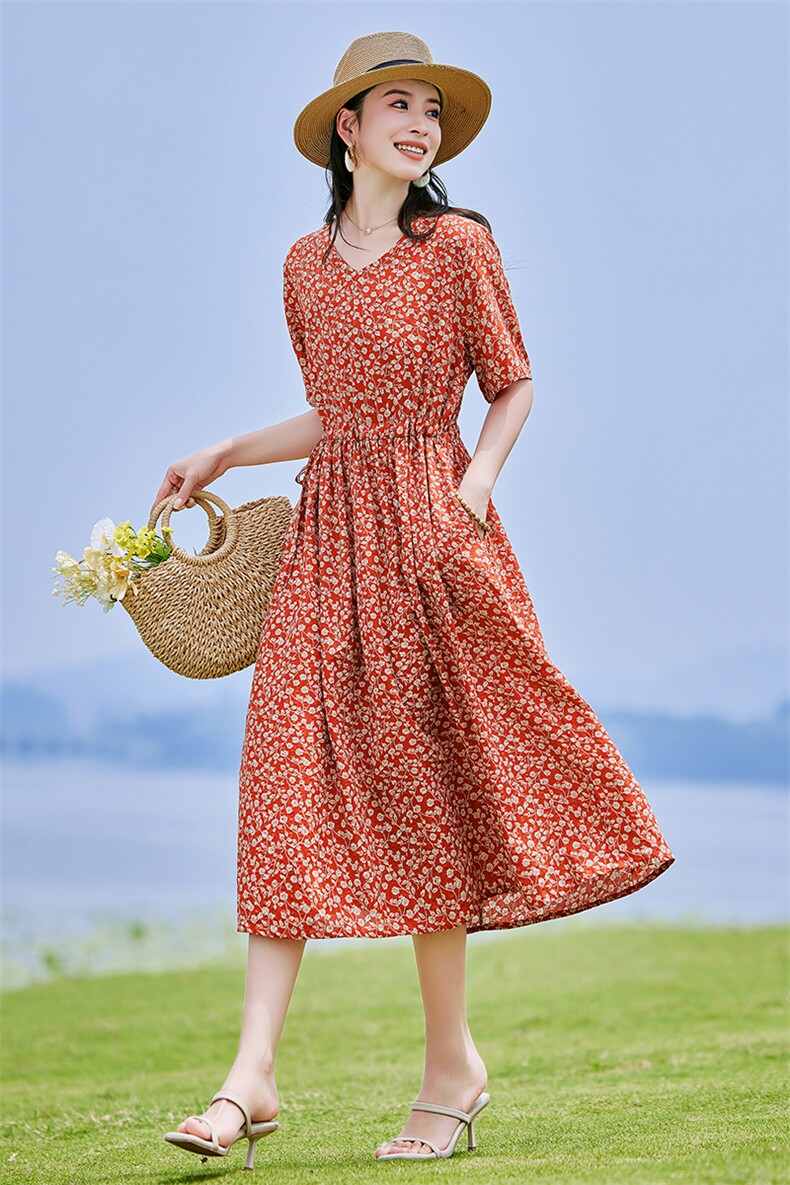 复古宽松休闲棉麻风印花连衣裙女2025夏季新款短袖遮肚显瘦长裙子,女装连衣裙,铭街依杨