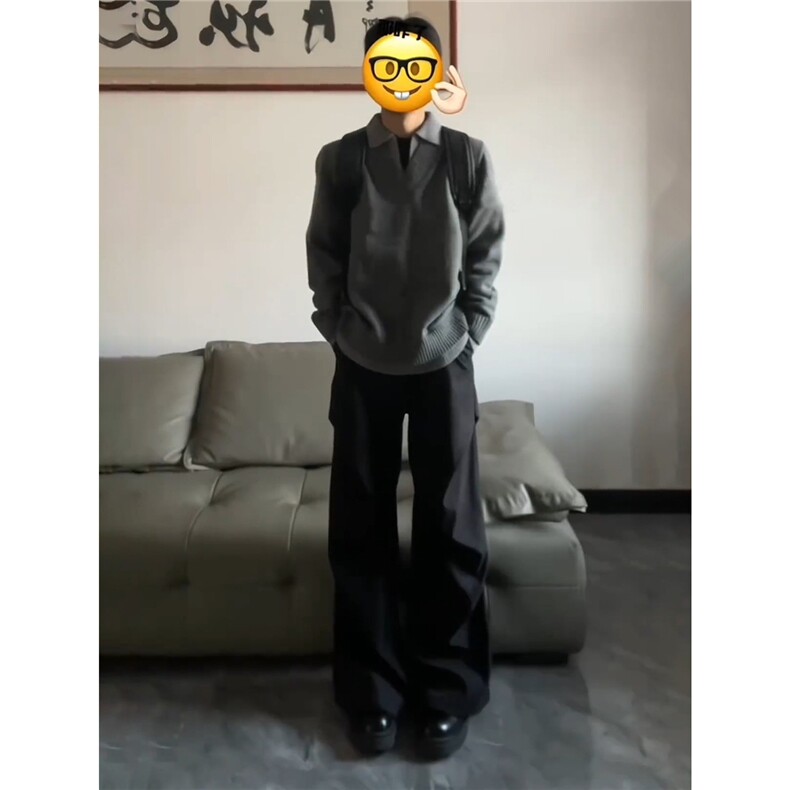 垂感西裤男秋季加绒加厚宽松百搭伞兵休闲裤高级感黑色阔腿拖地裤,男装西裤,四季星座505