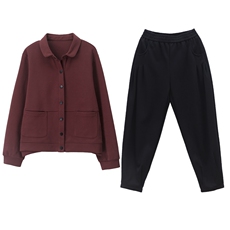 春秋新款时尚两件套装女休闲宽松衬衫领开衫哈伦裤中老年妈妈装潮，女装套装/套裙，璐依舞