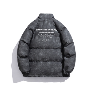 白底立领PU皮复古做旧金属印花字母设计棉衣男MY77732P130控178图片
