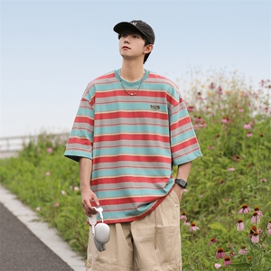 C470-P52 2024夏季日系复古撞色条纹T恤潮牌百搭宽松短袖男 现货图片