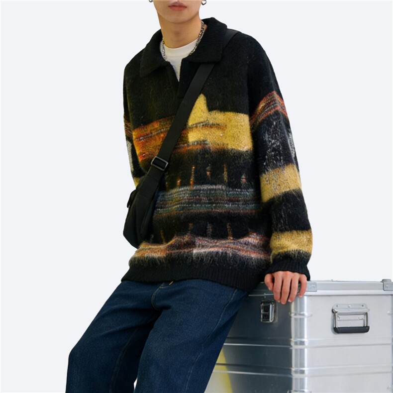 美式覆古chic撞色翻领针织衫男女秋冬宽松bf慵懒风休闲套头毛衣潮，男装针织衫/毛衣，星座813-2