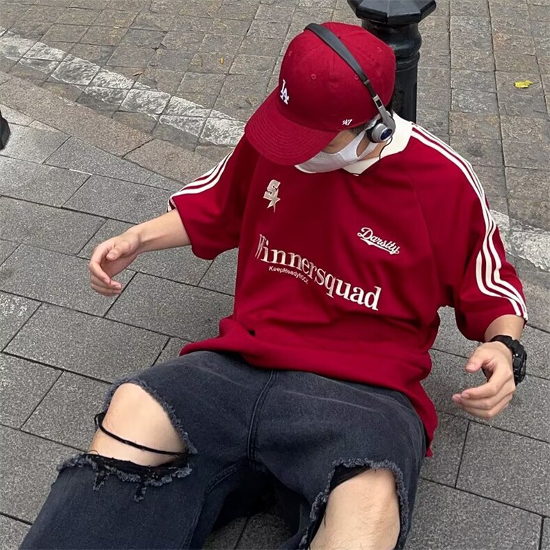 美式高街复古赛车v领短袖T恤刺绣休闲夏季运动球衣半袖潮TX096,男装T恤,星座516A