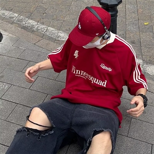 美式高街复古赛车v领短袖T恤刺绣休闲夏季运动球衣半袖潮TX096图片