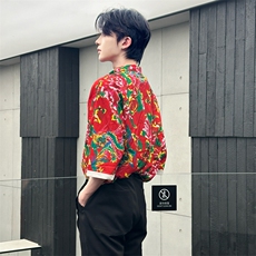 （自家图）风东北花衬衣中式唐装短袖民族风茶禅服2100-P68，男装T恤，星座910-5
