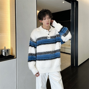 长豹毛刷毛POLO领纽扣条纹毛衣情侣秋冬慵懒针织衫男MY09819-P58图片
