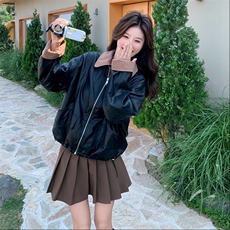 美式复古黑色假两件机车服短外套女春秋超火好看高级小众夹克上衣，女装皮衣，2C056