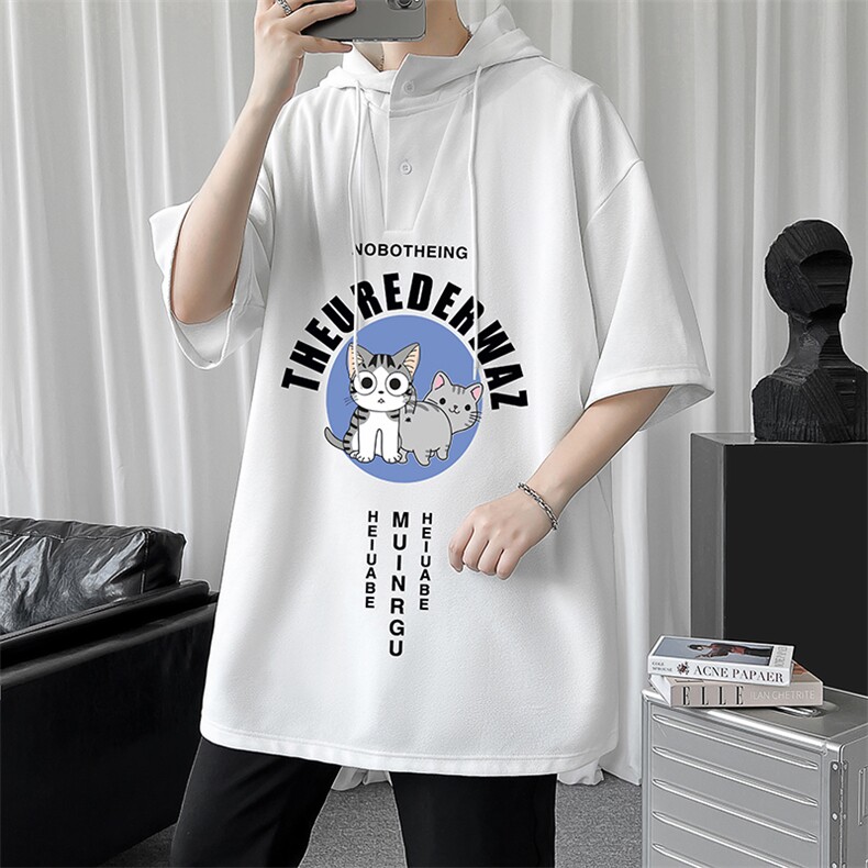 LD54160-P45连帽短袖t恤男大码胖子带帽五分袖中袖,男装T恤,电商A040