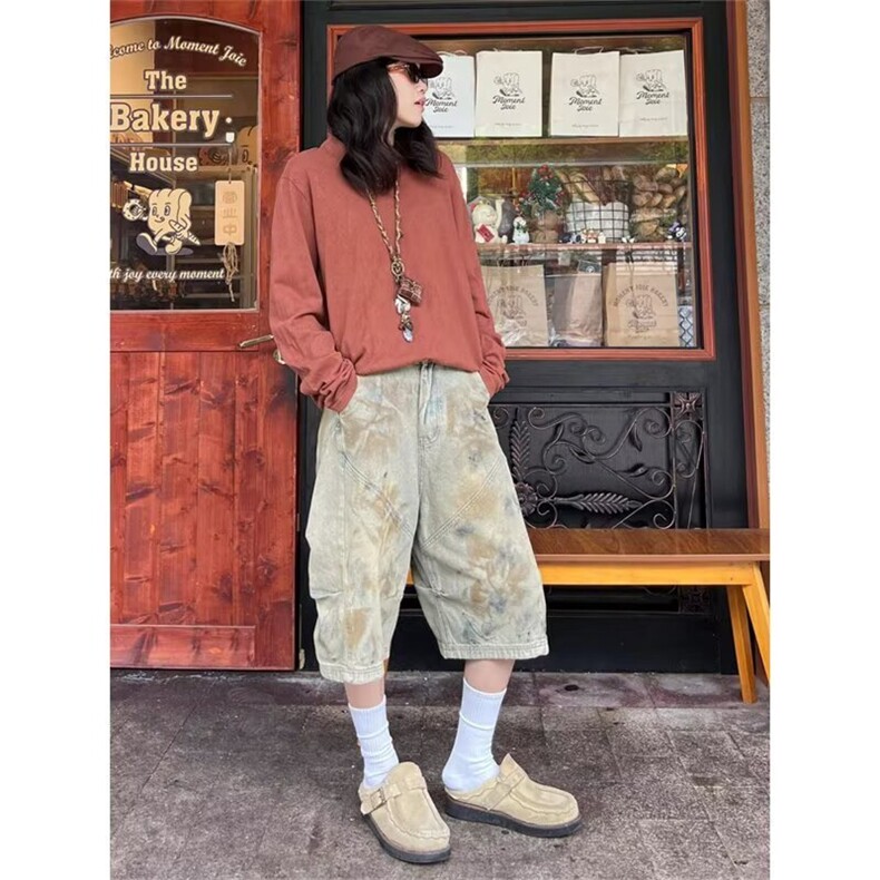 夏季美式高街做旧复古脏染牛仔裤阔腿七分裤子男女情侣短裤弯刀裤，男装牛仔裤，星座506A