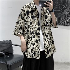 现货DM54-P35港风豹纹宽松休闲男夏款短袖衬衫上衣，男装T恤，电商D321-1