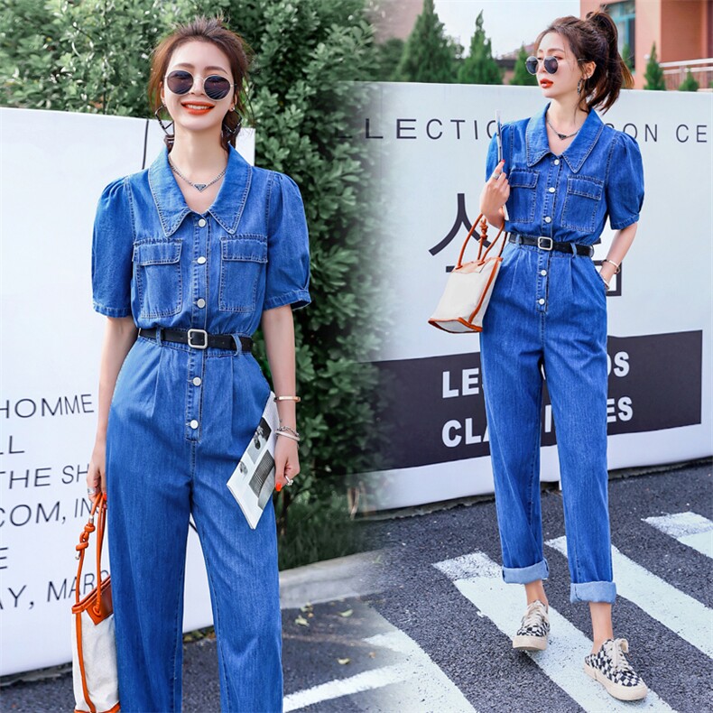 短袖牛仔连体裤女2022夏季新款女装韩版时尚显瘦连衣休闲裤，女装连体裤，慧尚依恋