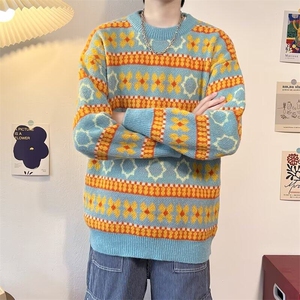 春季新款日系条纹小花图案长袖针织衫bf宽松慵懒风情侣毛衣外套图片