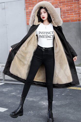 2022冬季新款时尚腰间抽绳修身气质真狐狸毛领舒适保暖连帽派克服，女装棉衣/棉服，时尚俏佳人