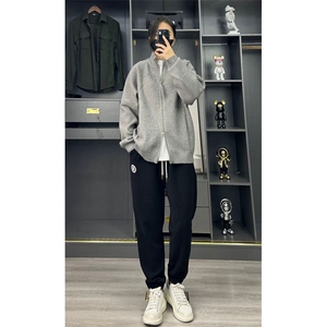 简约百搭纯色重磅拉链休闲宽松毛衣美拉德针织立领开衫ZZS104 P65图片