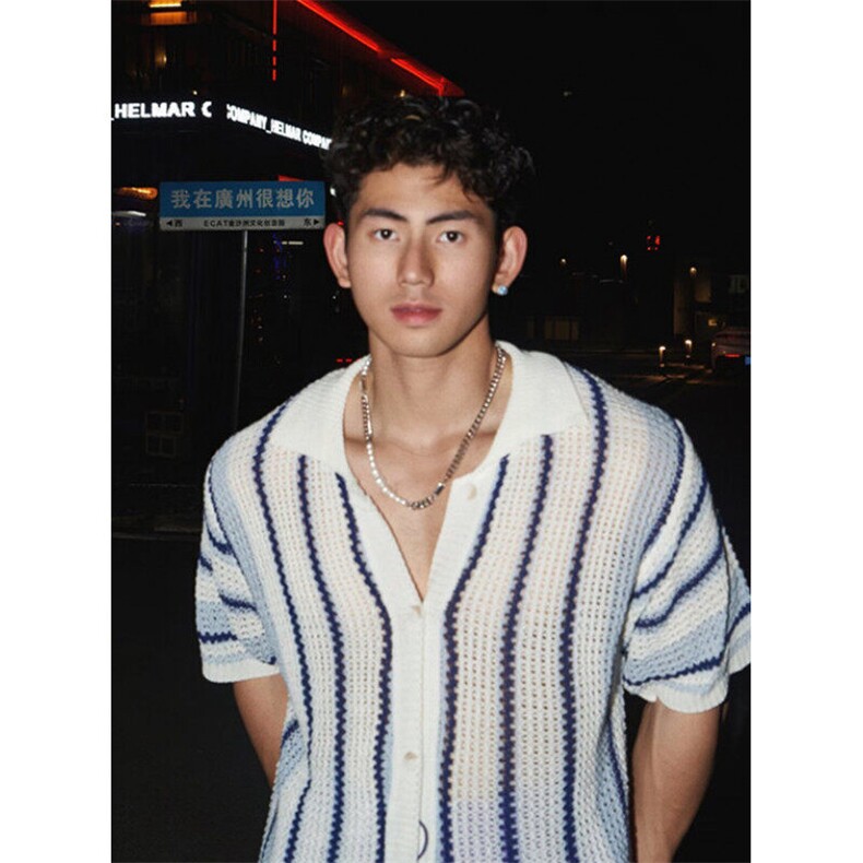 条纹宽松短袖针织衬衫夏季小众镂空休闲度假沙滩简约衬衣T918,男装Polo衫,星座1116A（原606A-3）