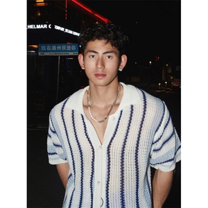 条纹宽松短袖针织衬衫夏季小众镂空休闲度假沙滩简约衬衣 T918图片