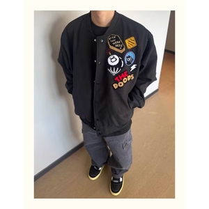 J9986-P65高街潮牌毛呢棒球服毛巾绣宽松夹克图片