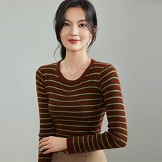 法式复古条纹针织衫女2025新款毛衣修身显瘦洋气减龄打底内搭毛衣，女装针织衫/毛衣，硕诚羊绒