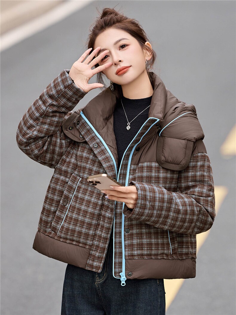 格子连帽羽绒服女小个子冬装2025新款高端时尚百搭保暖白鸭绒外套,女装羽绒服,浙宝029