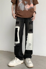 B221美式ins高街小众个性拼接宽松破洞牛仔裤LK23099-P65控88，男装牛仔裤，电商B221