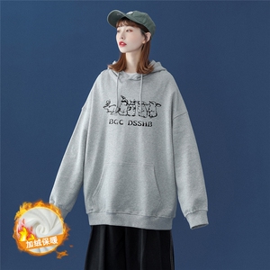 中性秋季潮流卡通印花上衣宽松连帽卫衣W221JRP35控58加绒P45