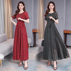 长袖圆领连衣裙女2021春夏新款收腰显瘦大摆雪纺长款连衣裙，女装连衣裙，潮品会