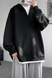 8XL-M叠穿假两件卫衣重磅连帽V领拼接套头衫宽松大码外套WY006P65图片