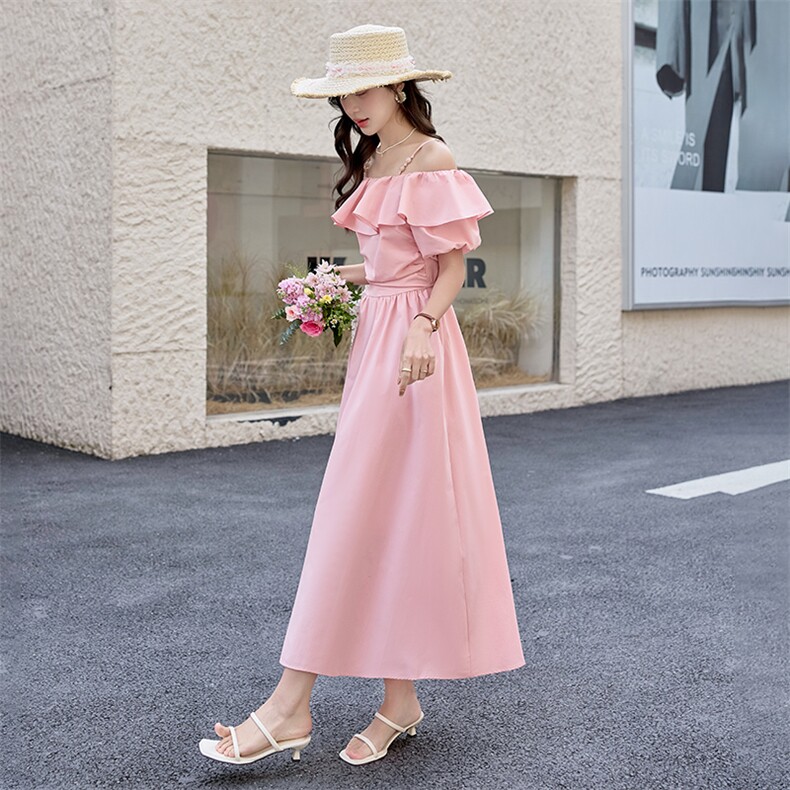 现货法式气质女夏季设计新款时尚百搭减龄可一字肩吊带连衣裙,女装连衣裙,美静678
