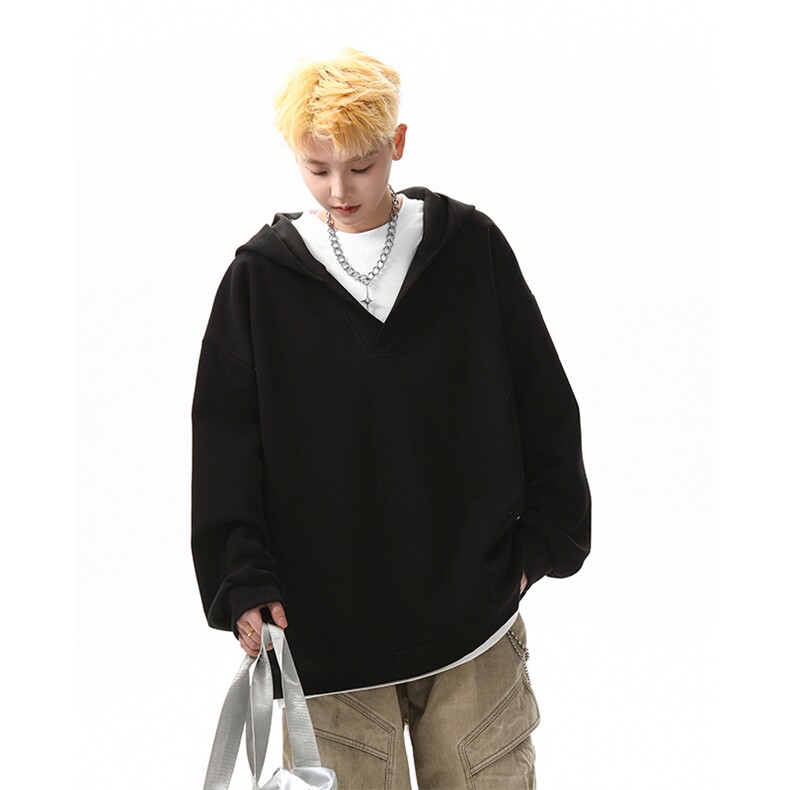 8XL-M叠穿假两件卫衣重磅连帽V领拼接套头衫宽松大码外套WY006P65,男装卫衣,电商B312